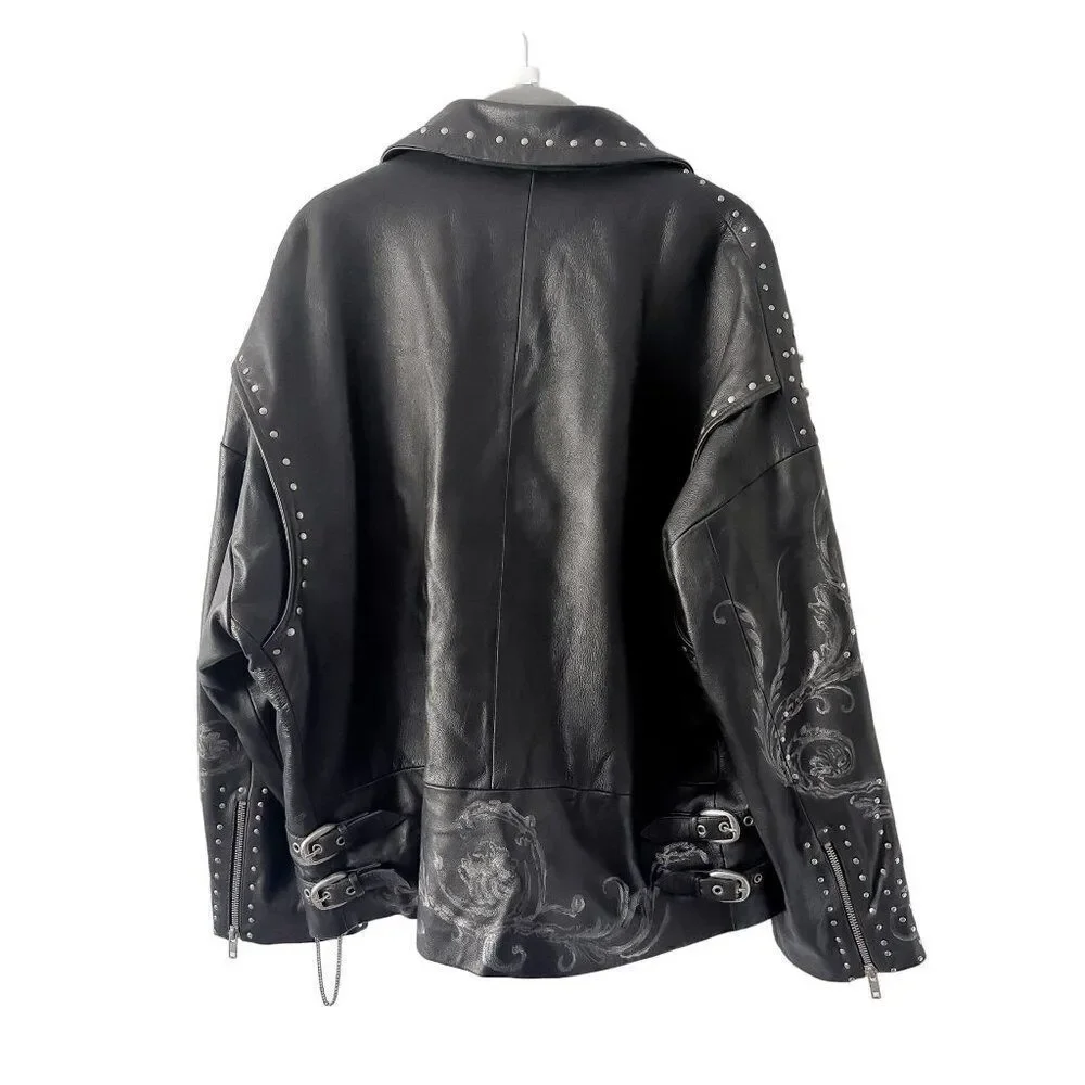 Free People Nigel Preston Chain Embellished Biker Jacket Leather - Picture 12 of 14